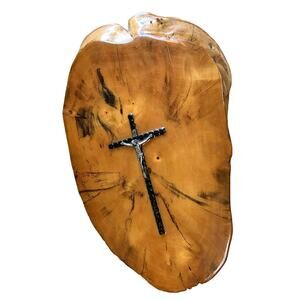 Crucifix on wood  Hand made in the USA 15.5" x 10" cross on raw wood edge slab